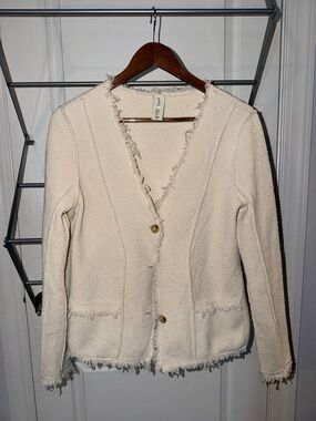 Joie Cream Bouclé Frayed-Trim Cardigan
